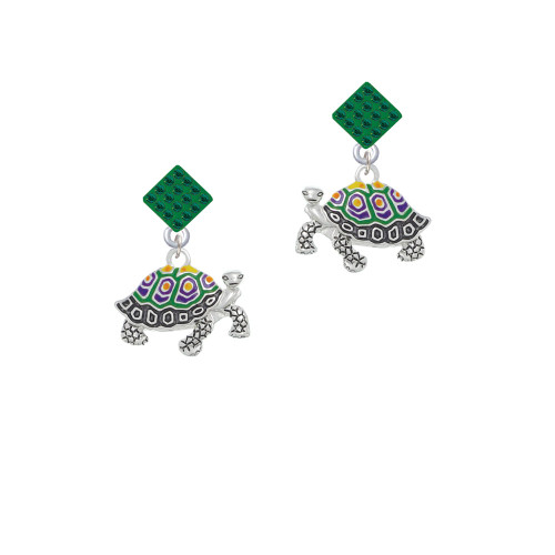 Enamel Side Turtle Green Crystal Diamond-Shape Earrings