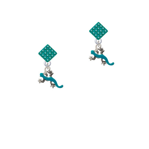 Small Teal Lizard Teal Crystal Diamond-Shape Earrings