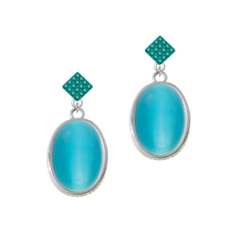 Oval - Imitation Cat's Eye - Dark Teal - Teal Crystal Diamond-Shape Earrings