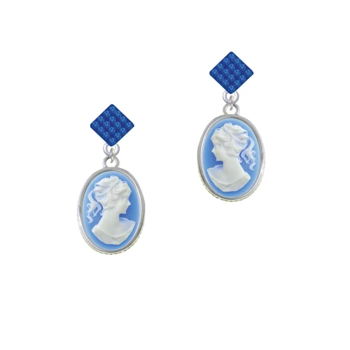 Small Blue Oval Cameo Blue Crystal Diamond-Shape Earrings