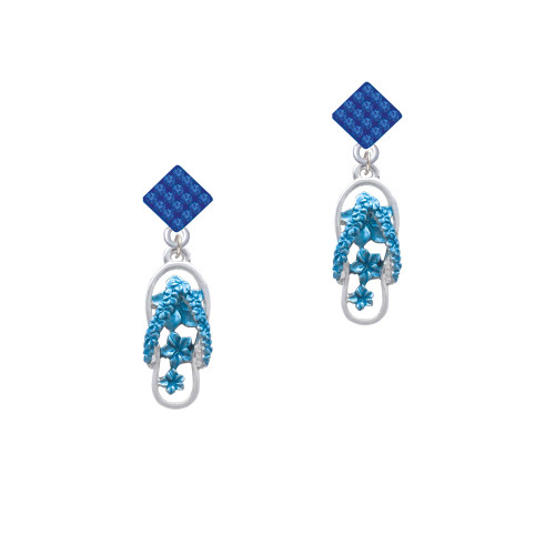 Blue Open Plumeria Flower Flip Flop Blue Crystal Diamond-Shape Earrings