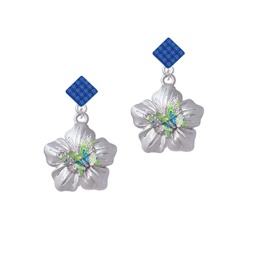 Lime Green & Hot Blue Butterfly on Large Flower Blue Crystal Diamond-Shape Earrings