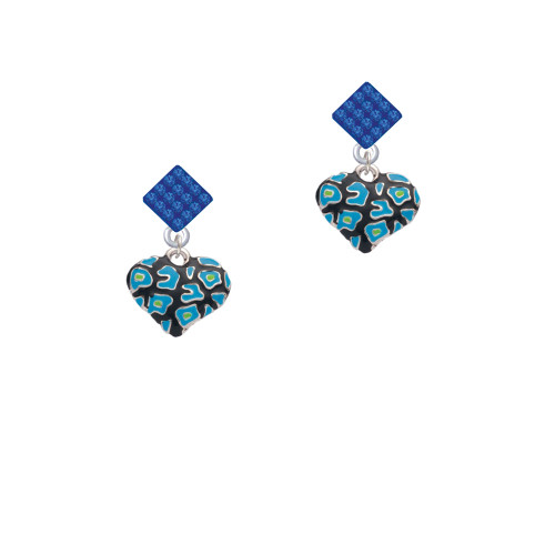 Hot Blue Cheetah Print Heart Blue Crystal Diamond-Shape Earrings