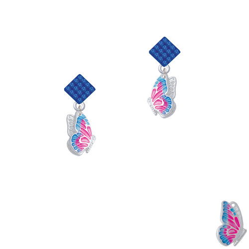 Translucent Hot Pink & Blue Flying Butterfly Blue Crystal Diamond-Shape Earrings