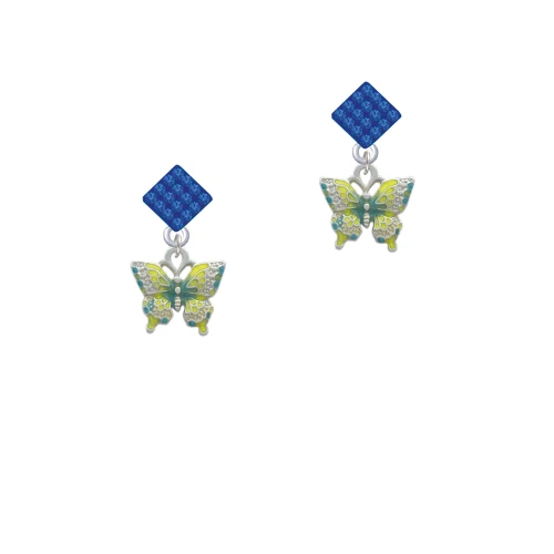 Small Lime Green & Blue Butterfly Blue Crystal Diamond-Shape Earrings