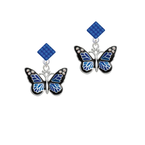 Large Blue Butterfly with 6 AB Crystals Blue Crystal Diamond-Shape Earrings