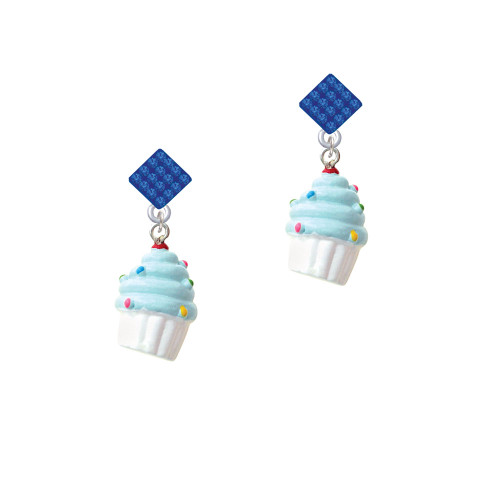 Resin White Cupcake with Blue Frosting Blue Crystal Diamond-Shape Earrings