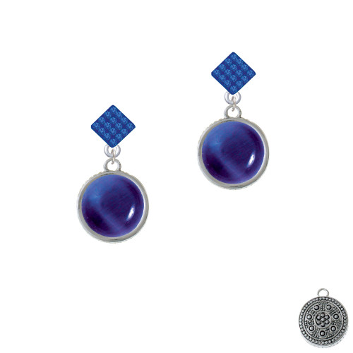 Round - Imitation Cat's Eye - Blue - Blue Crystal Diamond-Shape Earrings