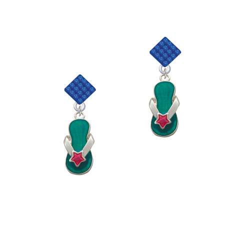 Tropical Blue Flip Flop with Pink Star Blue Crystal Diamond-Shape Earrings