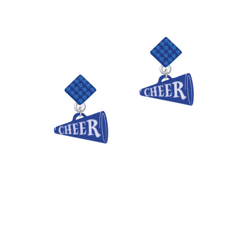 Acrylic 3/4" Royal Blue Cheer Megaphone Blue Crystal Diamond-Shape Earrings