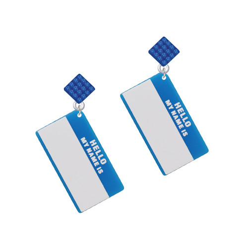 Acrylic Blue "Hello" Name Tag Blue Crystal Diamond-Shape Earrings