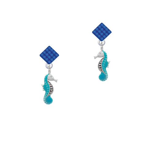 Hot Blue Seahorse - Blue Crystal Diamond-Shape Earrings
