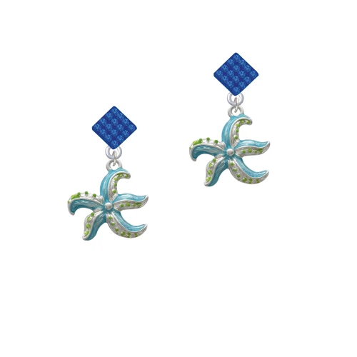 Hot Blue Starfish - Blue Crystal Diamond-Shape Earrings