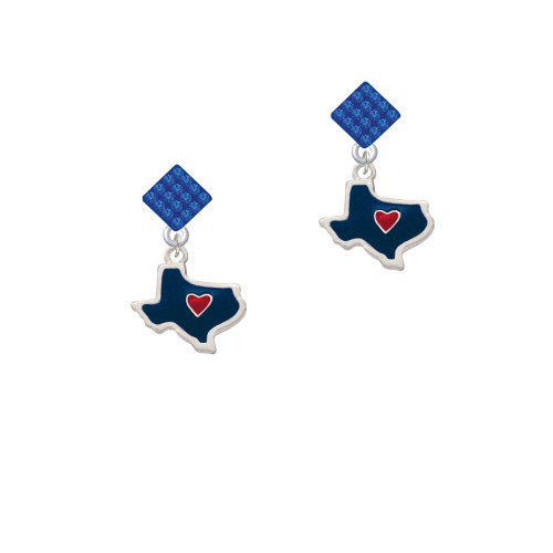 Blue Texas with Red Heart Blue Crystal Diamond-Shape Earrings