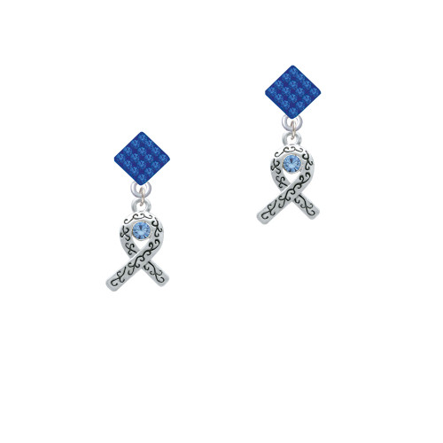 Scroll Ribbon with Light Blue Crystal Blue Crystal Diamond-Shape Earrings