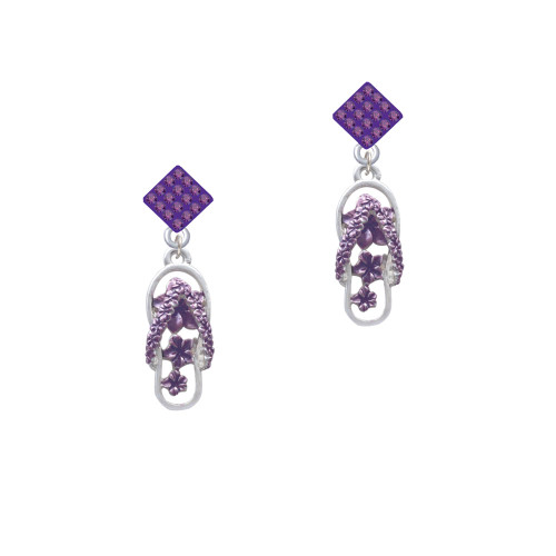 Purple Open Plumeria Flower Flip Flop Purple Crystal Diamond-Shape Earrings