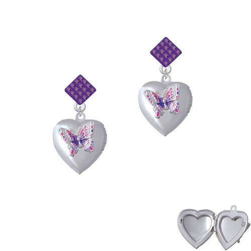 Pink & Purple Butterfly Locket Purple Crystal Diamond-Shape Earrings
