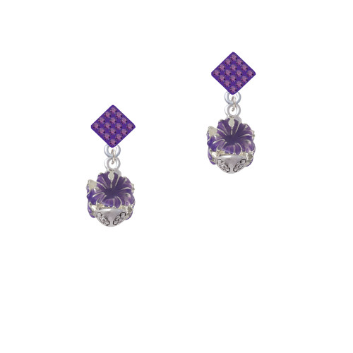 Hot Purple Hibiscus Flowers Spinner Purple Crystal Diamond-Shape Earrings