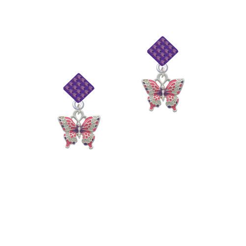 Small Hot Pink & Purple Butterfly Purple Crystal Diamond-Shape Earrings