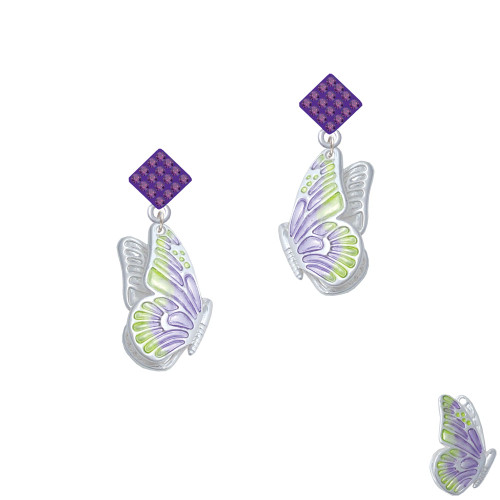 Large Translucent Purple & Lime Green Flying Butterfly Purple Crystal Diamond-Shape Earrings