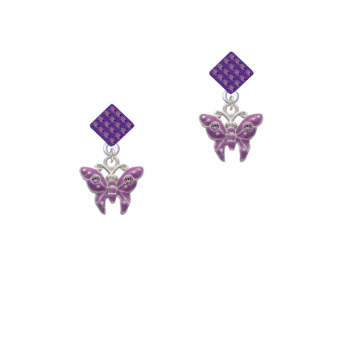 Hot Purple Butterfly with 2 Crystals Purple Crystal Diamond-Shape Earrings