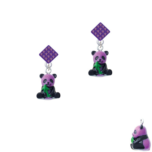 Resin Purple Panda Bear Purple Crystal Diamond-Shape Earrings