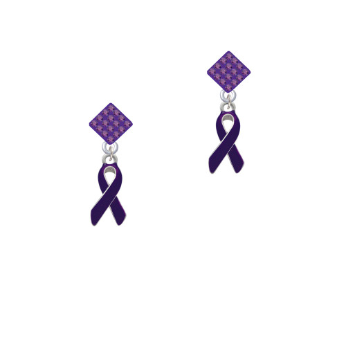 Purple Ribbon Purple Crystal Diamond-Shape Earrings