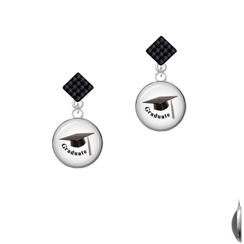 Domed Graduate with Hat Black Crystal Diamond-Shape Earrings