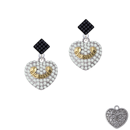 Gold Tone Big Sister Rock on Clear Crystal Heart Black Crystal Diamond-Shape Earrings