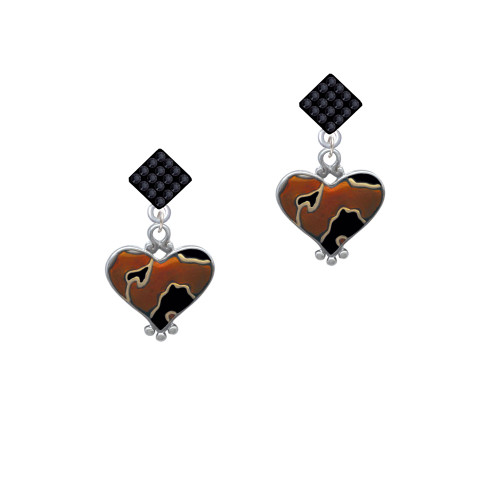 Two Tone Enamel Cheetah Print Heart Black Crystal Diamond-Shape Earrings