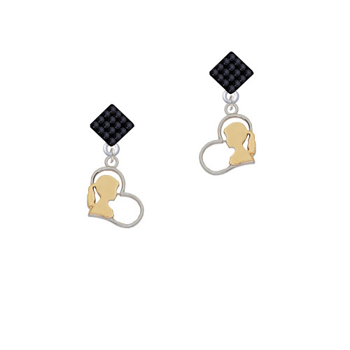 Two Tone Girl Silhouette in Heart Black Crystal Diamond-Shape Earrings