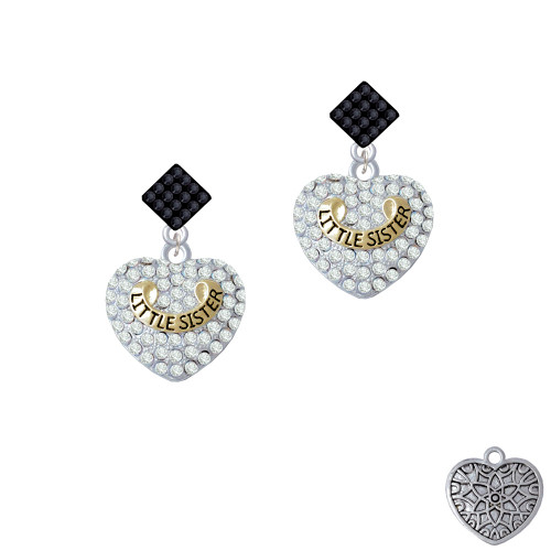 Gold Tone Little Sister Rock on Clear Crystal Heart Black Crystal Diamond-Shape Earrings
