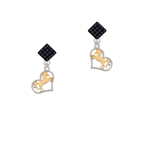 Two Tone Stallion Silhouette Heart Black Crystal Diamond-Shape Earrings