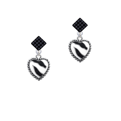 Enamel Zebra Print Heart Black Crystal Diamond-Shape Earrings