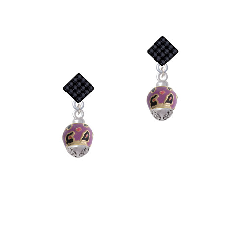 Hot Pink & Purple Wide Cheetah Print - Gold Tone Spinner Black Crystal Diamond-Shape Earrings