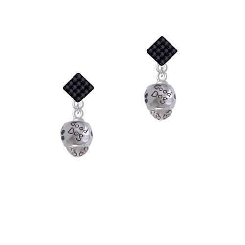 Good Dog with Black Paw Spinners Black Crystal Diamond-Shape Earrings