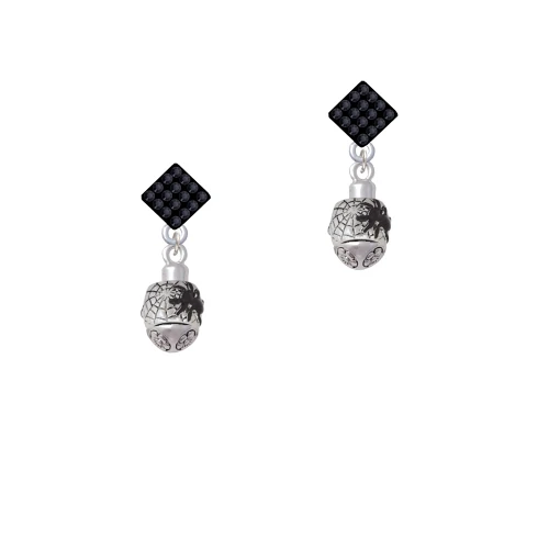 Black Spider on Web Spinner Black Crystal Diamond-Shape Earrings