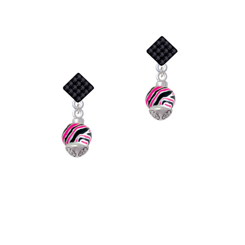 Wide Hot Pink Zebra Print Band Spinner Black Crystal Diamond-Shape Earrings