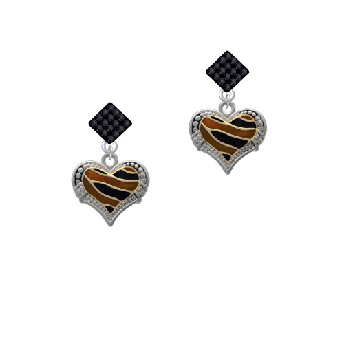 Two Tone Enamel Tiger Print Heart Black Crystal Diamond-Shape Earrings