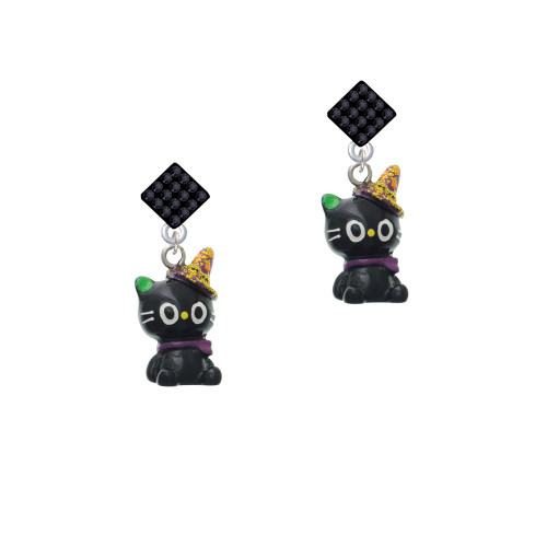 Resin Black Kitty Cat with Witch Hat Black Crystal Diamond-Shape Earrings
