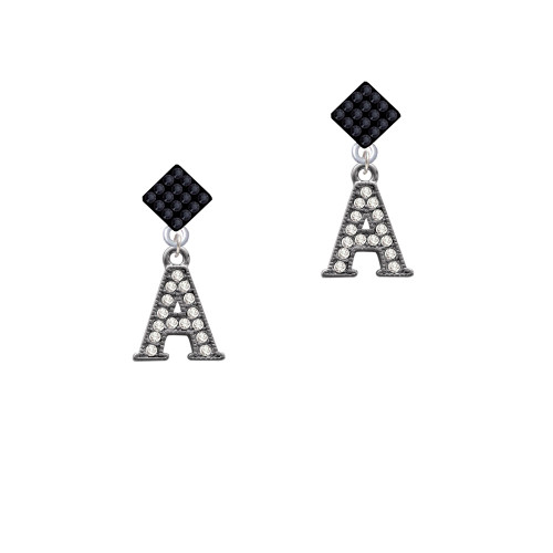 Crystal Black Initial - A - Beaded Border - Black Crystal Diamond-Shape Earrings