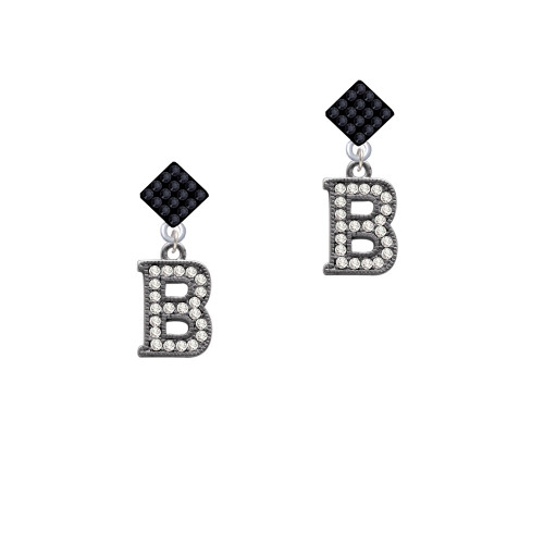 Crystal Black Initial - B - Beaded Border - Black Crystal Diamond-Shape Earrings