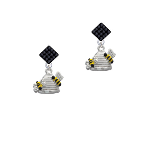 Beehive with 2 Bumble Bees Black Crystal Diamond-Shape Earrings