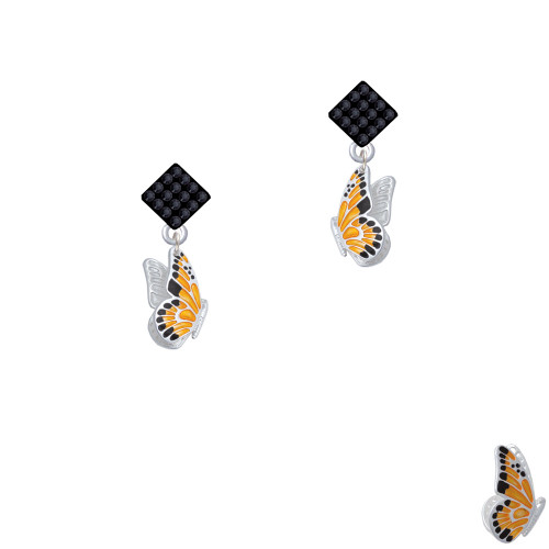 Orange & Black Flying Butterfly Black Crystal Diamond-Shape Earrings