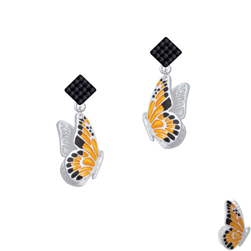 Large Orange & Black Flying Butterfly Black Crystal Diamond-Shape Earrings