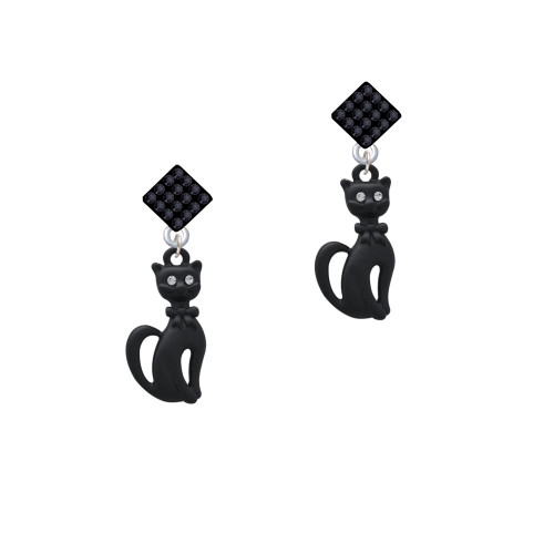 Tall Sitting Matte Black Cat Black Crystal Diamond-Shape Earrings
