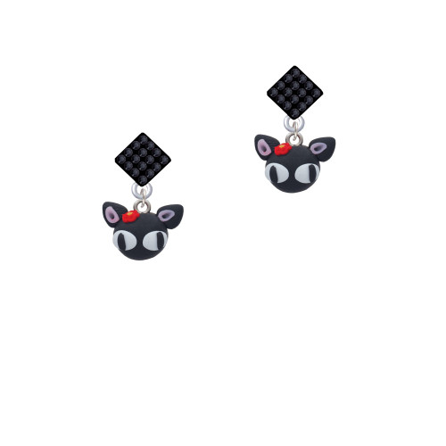 Fimo Clay Cute Kitty Black Crystal Diamond-Shape Earrings