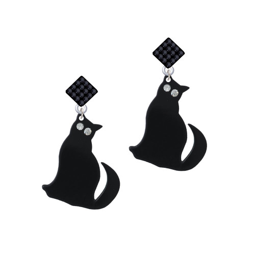 Acrylic Sitting Black Cat with Crystal Eyes Black Crystal Diamond-Shape Earrings