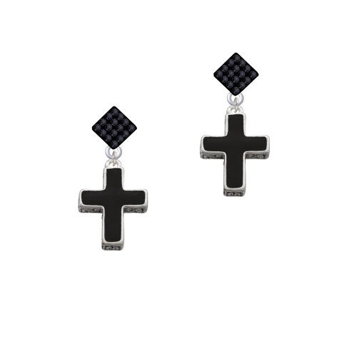 Large Black Enamel Cross with Decorated Sides Black Crystal Diamond-Shape Earrings