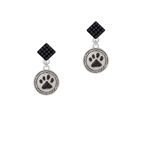 Black Paw in Rope Border Black Crystal Diamond-Shape Earrings